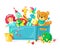 Baby toys in box. Children toys in plastic container, box full of toys, boys, girls inventory for kids game and joy