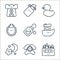 baby and toys line icons. linear set. quality vector line set such as crayons, pijama, sleeping, boat toy, milk bottle, bib, duck