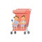 Baby with toys twins double pink stroller full length avatar on white background, successful family concept, flat