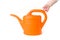 Baby trying to grab a orange watering can on white background