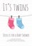 Baby twins arrival and shower invitation template with pink and blue toddler socks hanging on pins.