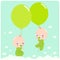 Baby twins in the shy holding balloons. Vector Illustration