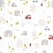 Baby urban landscape with houses and cars rescue services. Vector seamless pattern. Cartoon illustration in childish hand drawn