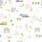 Baby urban landscape with houses and garbage trucks, Waste sorting bins. Vector seamless pattern. Cartoon illustration in childish