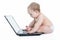 Baby using laptop over white background