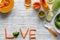 Baby vegetable puree on wooden background top view