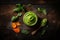 Baby vegetable puree on wooden background top view. AI generation