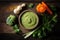 Baby vegetable puree on wooden background top view. AI generation