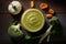 Baby vegetable puree on wooden background top view. AI generation