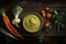 Baby vegetable puree on wooden background top view. AI generation