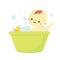 Baby washing. toddler have bath. Newborn child, Little kid in bubble water with duck rubber toy