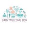 Baby welcome box concept with baby care icons