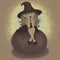 a baby witch with blue eyes in a witch\\\'s hat sits on a big pumpkin and is bored