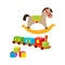 Baby wooden toys train, rocking horse, blocks