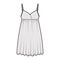 Babydoll dress Sleepwear Pajama technical fashion illustration with mini length, oversized, adjustable shoulder straps