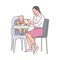 Babysitter or nanny character feeding baby, sketch vector illustration isolated.