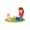 A babysitter or nanny sits on the carpet and plays with the baby. Vector flat isolated illustration on white background.