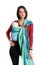 Babywearing attractive young mother with baby in woven wrap carrier