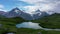 Bachalpsee lake at dawn, Bernese Oberland, Switzerland. Alpine view of the Mt. Schreckhorn and Wetterhorn. Location Bachalpsee in