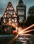Bacharach city gate, helloween, pumpkin with light puller in the morning. Half-timbered house with light puller, traffic