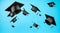 Bachelor graduation caps celebrate mock up flying in the blue sky background.