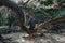 Back of a adult woman sitting on the strange shaped tree branch in the nature. Kocacay Deresi, Antalya, Turkey