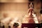 Back buddha statue placed on the altar table in hall room