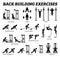 Back building exercises and muscle building stick figure pictograms.