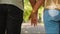 Back of couple holding hands in park for love, date and relax for commitment to life partner in garden. Closeup of man