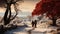 Back of couple walking along rural countryside path road in beautiful calm snowy winter day with red tree