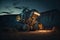 A back-filling machine in an open coal mine at night, mining industry