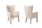 Back and front view of beige wingback tufted armchair on white background