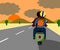 Back image of the couple are riding a motorbike together happily on the beautiful love road at sunset.