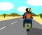 The back image of The couple are riding a motorbike, traveling happily on the beautiful love road. Both sides were desert.	In the