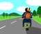 Back image of the couple are riding a motorbike, traveling happily on the beautiful love road.	Both sides were grassland during th
