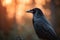 Back-lit scene of a beautiful Raven, Rook sitting alone in a woodland setting. - Generative AI art