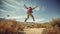 Back of man jumping in excitement in country desert