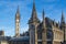 Back part of Former Post Office building with the clock tower at the background in Ghent, Belgium, Europe