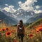 back photo of adventurous traveler woman standing in a field of orange flowers looking at the mountains