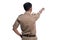 Back photo of worker pointing to white background