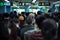 Back portrait crowd of passengers waiting for entering at the entrance of subway station during rush hours in morning