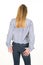 Back rear behind view photo of charming slim woman cute wear fashionable jeans blue shirt isolated white background