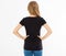 Back rear view: woman in black tshirt isolated, girl in t-shirt mock up, black T shirt. Midsection female tshirt on white