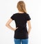 Back rear view: woman in black tshirt isolated, girl in t-shirt mock up, black T shirt. Midsection female tshirt on white