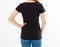 Back rear view: woman in black tshirt isolated, girl in t-shirt mock up, black T shirt. Midsection female tshirt on white