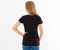 Back rear view: woman in black tshirt isolated, girl in t-shirt mock up, black T shirt. Midsection female tshirt on white