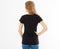 Back rear view: woman in black tshirt isolated, girl in t-shirt mock up, black T shirt. Midsection female tshirt on white