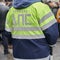 Back of a russian traffic policeman wearing his uniform jacket