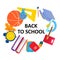 Back School Day Vector Logo Background Design, Children, Teens Reaching For Knowledge, With School Equipment