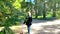 Back shot of a female with a dog walking in a sunny park